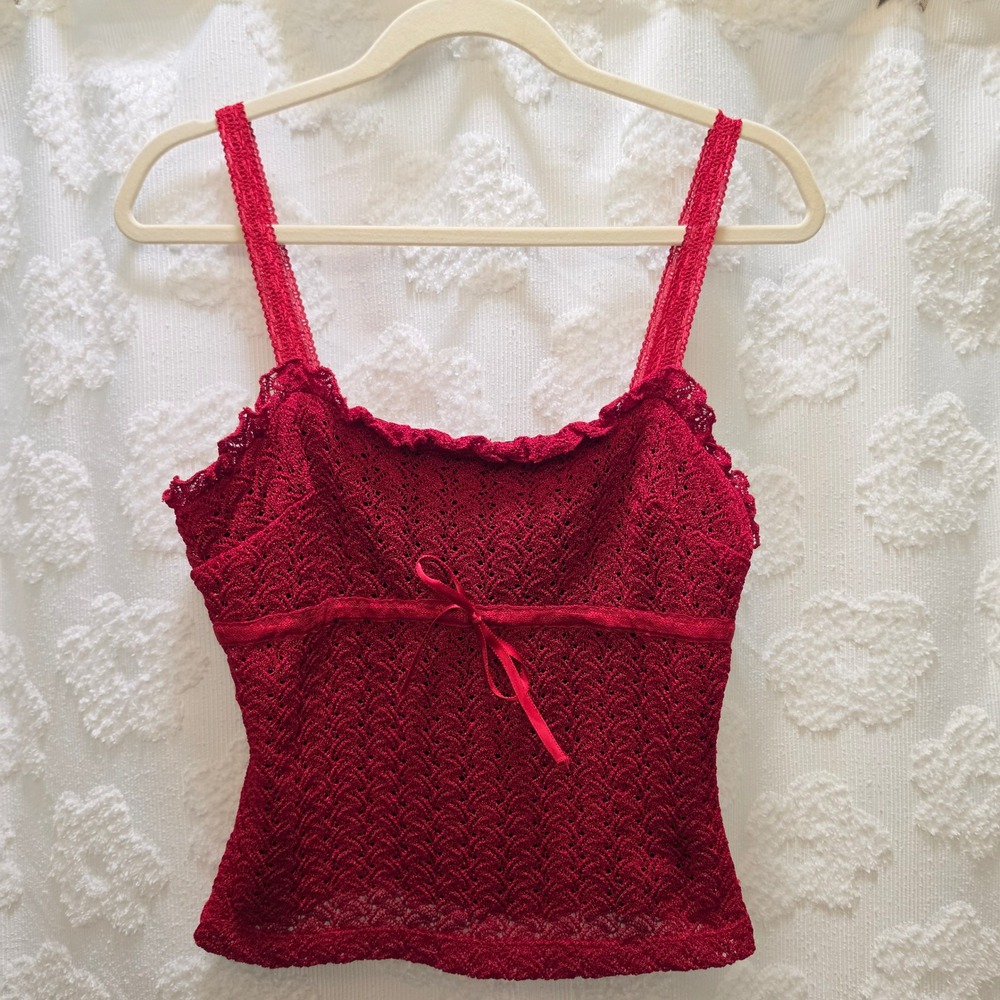 Y2K Bebe Moda Vintage Red Crochet Lace Trim Cami Top Made in USA Large